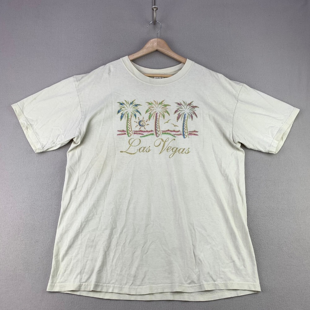 Vintage Las Vegas Graphic Tee Mens XL White Palm Tree Neon Vacation 90s USA